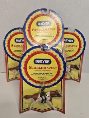 Set Of 4 Vtg Breyer Stablemates English Rider & Saddle Set Chestnut Pinto #5203
